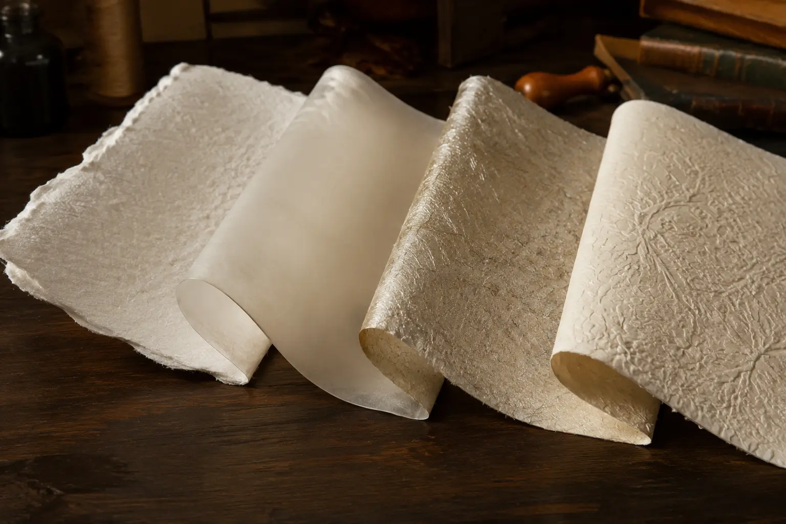 Four distinct specialty paper sheets folded into a sculptural ridge